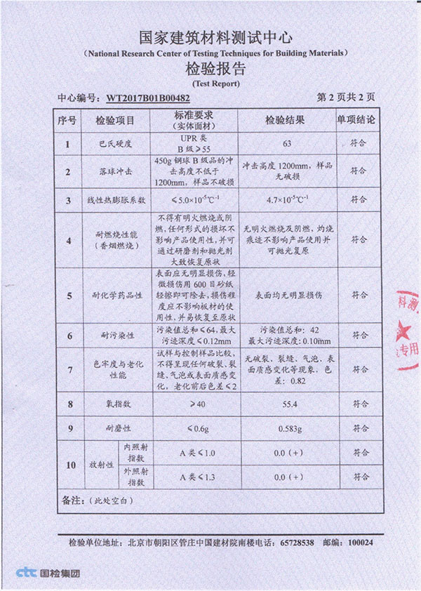 金櫥世家石英石檢驗(yàn)報(bào)告